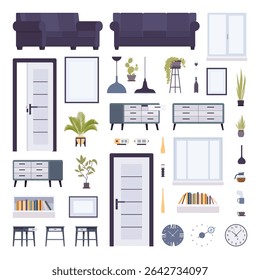 Living room comfortable furniture objects interior pack. Apartment, room inspiration, creative ideas for designing flat, artwork elements decor, place to relax and feel at home. Vector illustration