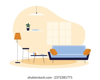 Living room with comfortable long sofa equipped with pillows, small table and lamp, shelf near the window, interior and furniture vector illustration.