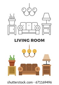 Living room concept - flat and line style living room design. Vector illustration