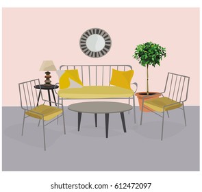 living room conservatory interior design.bench,sofa,chairs, table, plant pot tree, mirror, lamp. Garden decor decoration.dining room.modern vintage retro old fashion.realistic drawing style.
