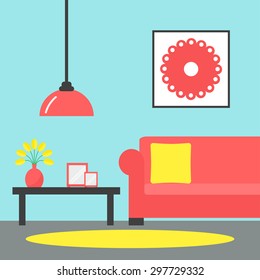 Living room. Contemporary living room interior. Modern furniture: sofa, coffee table and lamp. Flat style vector illustration.
