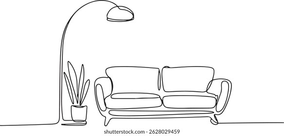 Living room in continuous line art drawing style with sofa, floor lamp, and potted flower. Minimal modern home interior sketch

