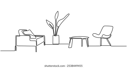 Sala de estar em desenho contínuo de uma linha. Conceito de design em casa com móveis e decoração.
