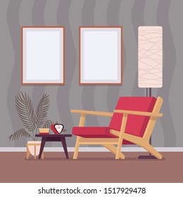 Living room cosy interior and design. Red lounge arm chair seating in arrangement ideas with classic items, modern grey geometric wallpaper pattern. Vector flat style cartoon illustration