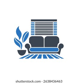 A living room with a couch, blinds, and plant icon.