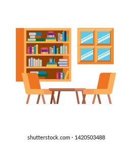 living room with couch and bookshelf of books