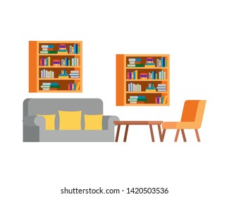 living room with couch and bookshelf of books