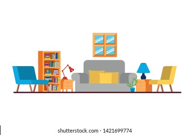 living room with couch and bookshelf of books