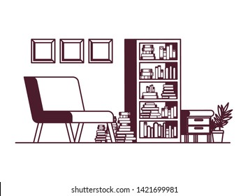 living room with couch and bookshelf of books