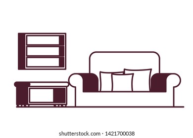 living room with couch and bookshelf of books