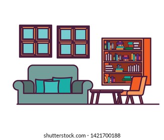 living room with couch and bookshelf of books