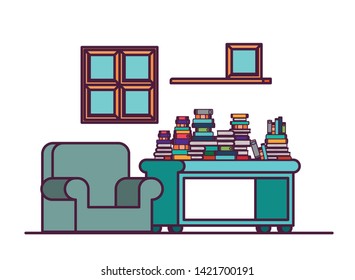 living room with couch and bookshelf of books