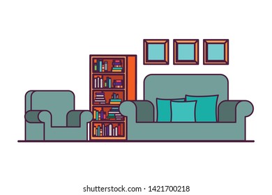 living room with couch and bookshelf of books