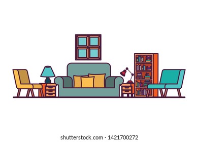 living room with couch and bookshelf of books