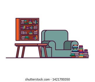 living room with couch and bookshelf of books