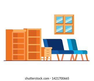 living room with couch and bookshelf of books