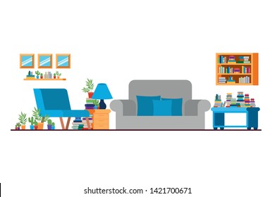 living room with couch and bookshelf of books