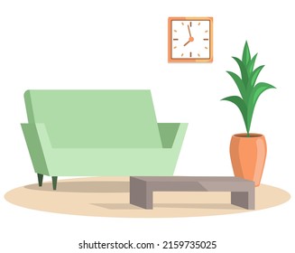 Living room with couch design layout. Interior and arrangement of furniture in apartment. Armchair, coffee table and potted plant for design of home. Living room decoration with interior elements