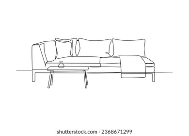 Living room couch home. All about home property concept, property. Home architecture property isolated minimalism concept. Dynamic one line draw graphic design vector illustration on white background