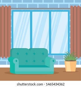 living room couch plant windows vector illustration