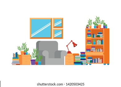 living room with couch and stack of books
