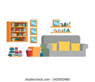 living room with couch and stack of books