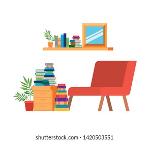 living room with couch and stack of books
