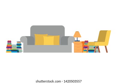 living room with couch and stack of books