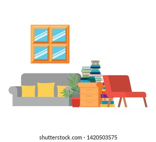 living room with couch and stack of books