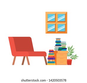 living room with couch and stack of books
