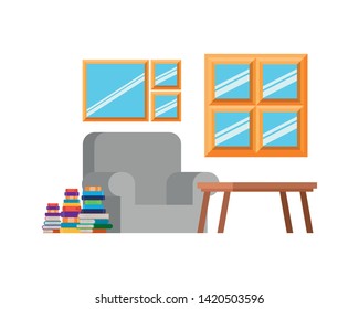 living room with couch and stack of books