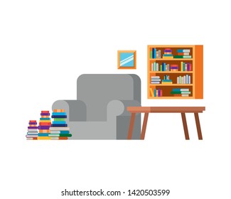 living room with couch and stack of books