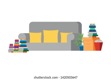 living room with couch and stack of books