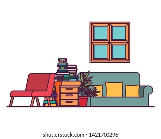 living room with couch and stack of books