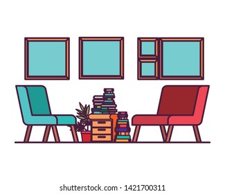 living room with couch and stack of books