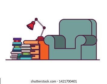 living room with couch and stack of books
