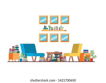 living room with couch and stack of books