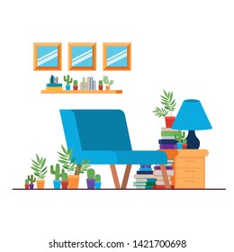 living room with couch and stack of books