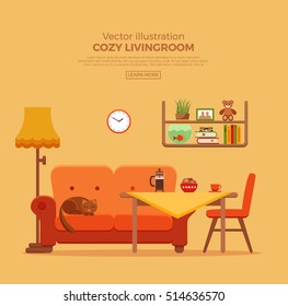 Living room cozy colorful cartoon interior. Vector flat illustration with elements: chair, sofa, cat, lamp, clock, table, cat, coffee, books, aquarium, houseplant