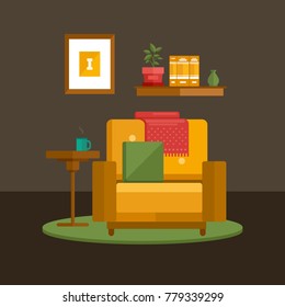 Living room cozy colorful  interior. Flat illustration. Home inside design element