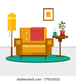 Living room cozy interior. Interior with an armchair potted plant, floor lamp. Interior vector flat
