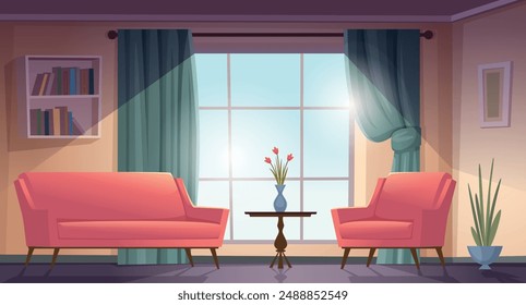 Living room. Cozy interior with armchairs and sofas exact vector cartoon background with couches pictures