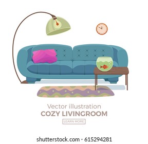 Living room cozy interior with colorful sofa, pillow, lamp, carpet, clock, table with aquarium fish. Vector illustration of home design with furniture in cartoon flat style.