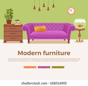 Living room cozy interior with colorful sofa, pillow, lamp, bedside table, aquarium, house plant. Vector illustration of home design with furniture in cartoon flat style.