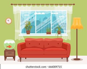 Living room cozy interior with colorful sofa, pillow, bedside table, aquarium lamp. Vector illustration of home design with furniture and window with curtains and house plants potted.