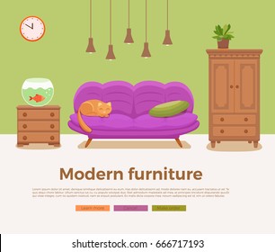 Living room cozy interior with colorful sofa, pillow, cat, cabinet,  lamp, bedside table, aquarium, house plant. Vector illustration of home design with furniture in cartoon flat style.