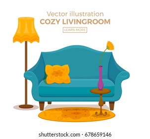 Living room cozy interior with colorful sofa, pillow, lamp, carpet, table with cup and vase flowers. Vector illustration of home design with furniture in cartoon flat style.