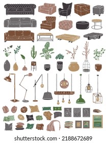 Living room creation kit. Flat interior set loft style. Colored furniture and comfortable cozy home accessories. Doodle collection with sofa, armchair, table, pot, plant, lamp, pillow, picture, frame,