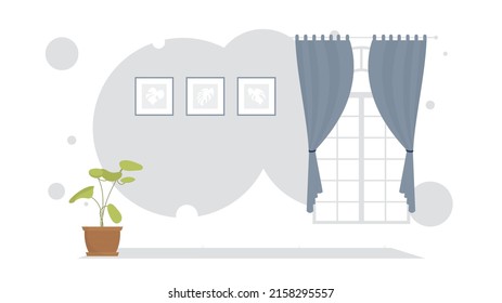 Living room with curtains and houseplant. Interior. Flat style. Vector illustration