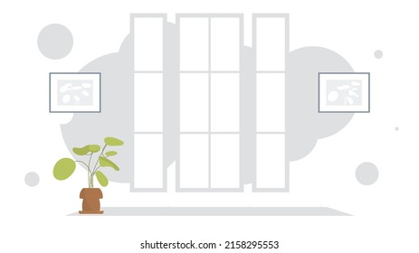 Salón con cortinas y ventana. Interior. Estilo plano. Ilustración del vector